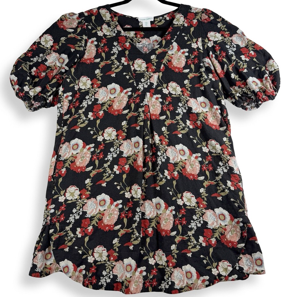 Cynthia Rowley Black Red Floral Linen Puff Sleeve Shift Dress Womens M Fall